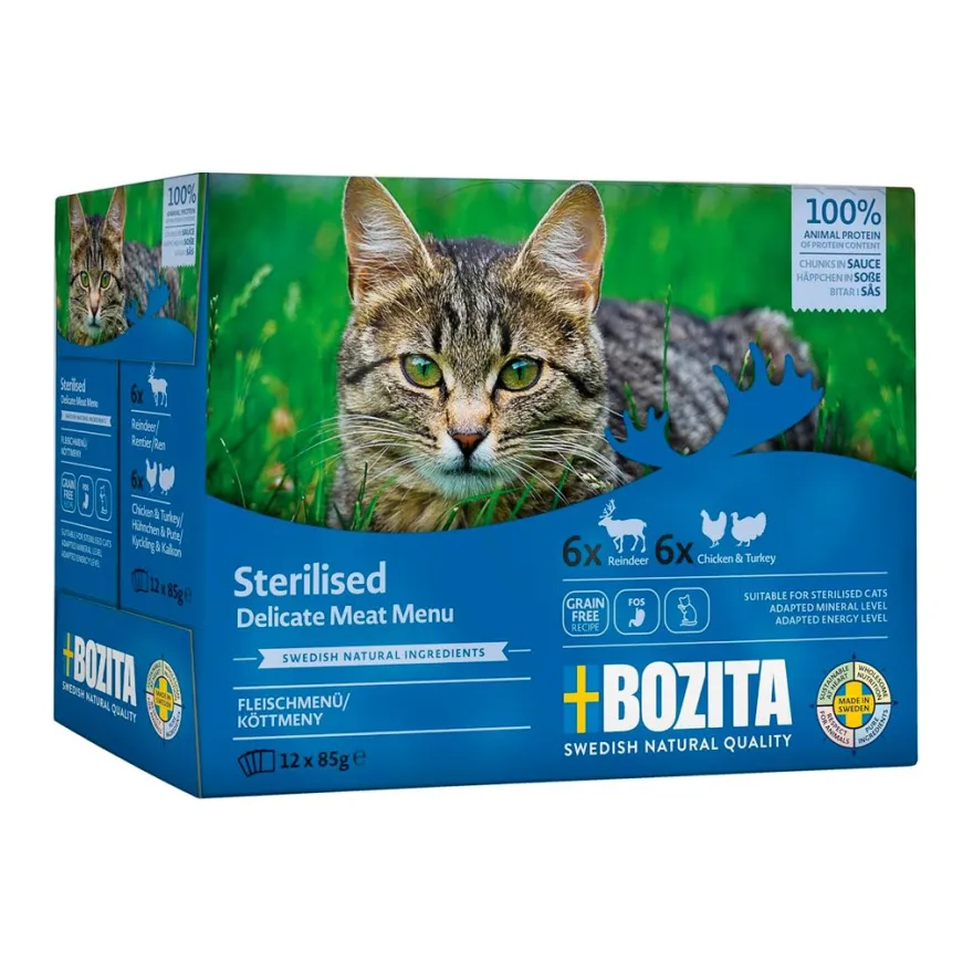 Bozita Cat Pouch Multipack Indoor&sterilised Häppchen in Soße Huhn&Pute/Rentier | 12 x 85 g