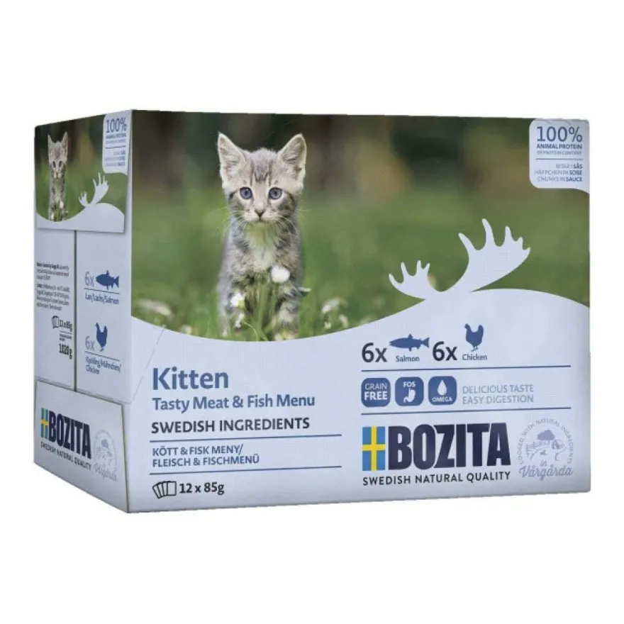Bozita Cat Pouch Multipack Kitten Häppchen in Soße Fisch- & Fleischmenü | 12 x 85 g
