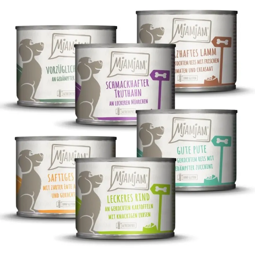 MjAMjAM Dog Mixpaket II - Huhn & Ente Rind Pute Kalb Truthahn Lamm | 6 x 200 g