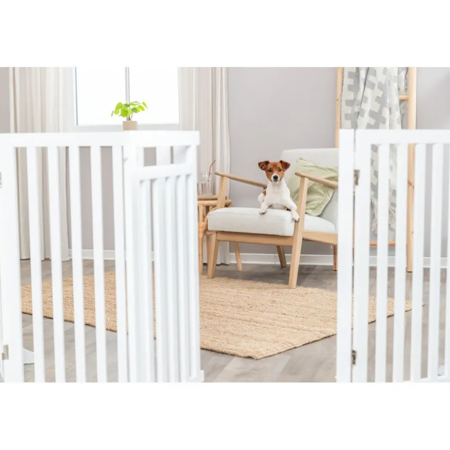 TRIXIE Absperrgitter mit Tür, MDF, 4-teilig,weiß | 60–160 x 81 cm