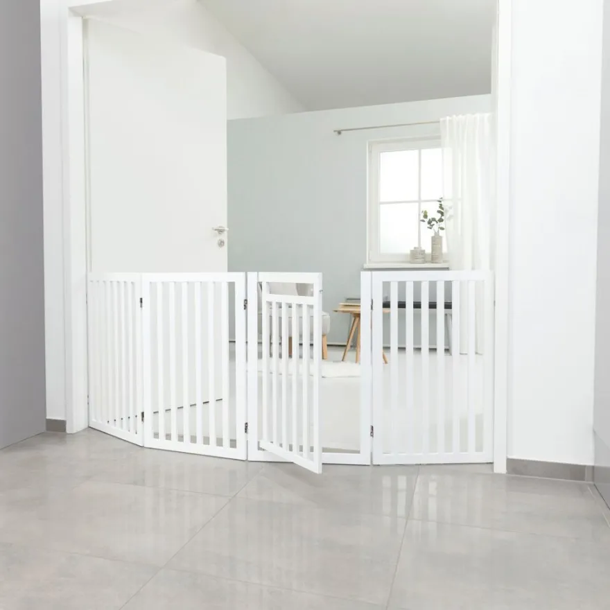 TRIXIE Absperrgitter mit Tür, MDF, 4-teilig,weiß | 60–160 x 81 cm