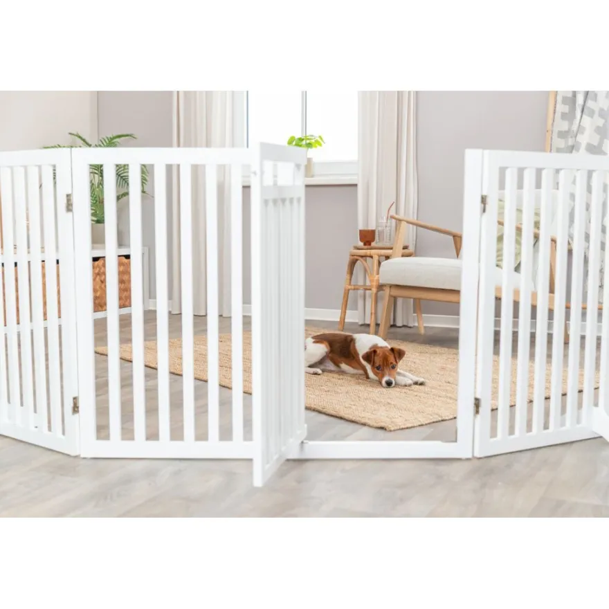 TRIXIE Absperrgitter mit Tür, MDF, 4-teilig,weiß | 60–160 x 81 cm