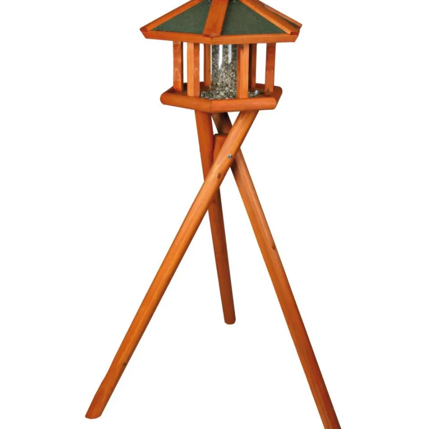 TRIXIE natura Futterhaus mit Ständer & Silo, Kiefernholz, braun | ø 50 x 34 cm