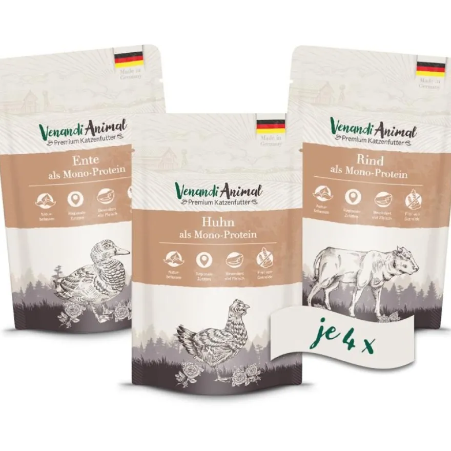 Venandi Animal - Probierpaket I - 4 x Huhn, 4 x Ente, 4 x Rind | 12 x 125 g
